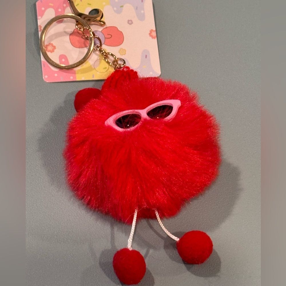 Red Fluffy Pom Pom Plush with Sunglasses Bag Charm Keychain